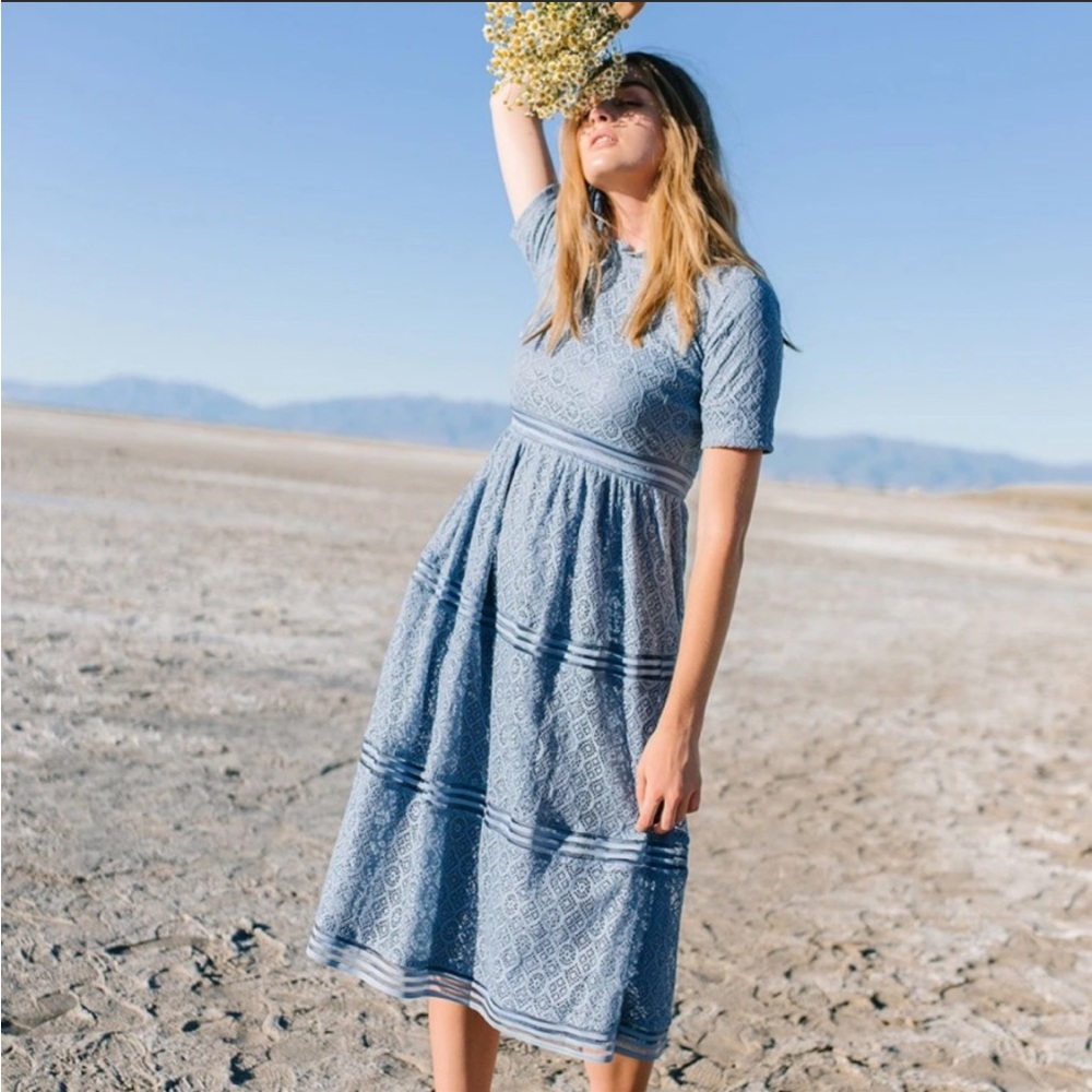 Polagram Blue Lace Lined Modest Dress S